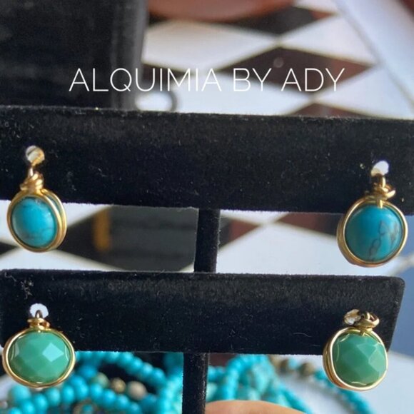 Turquoise and gold minimalist/dainty gold stud earrings - Picture 3 of 7